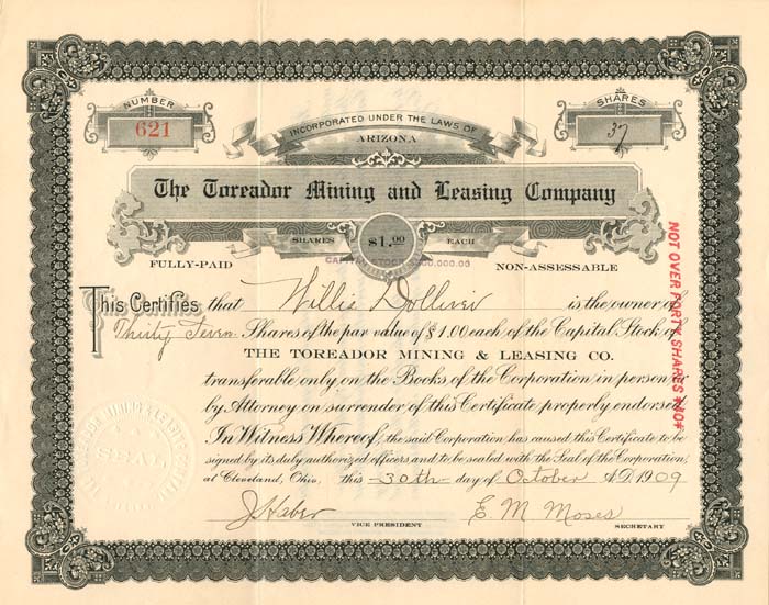 Toreador Mining and Leasing Co. - Stock Certificate